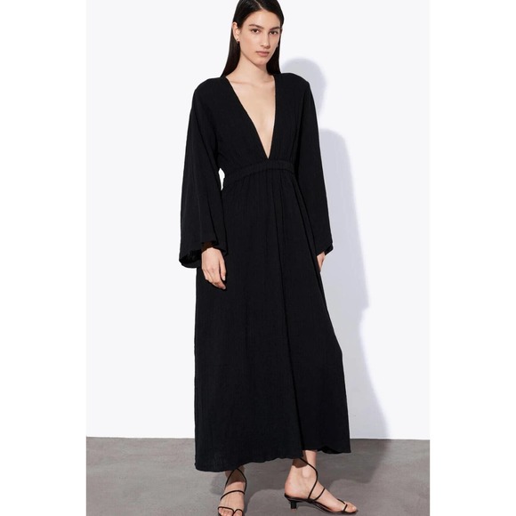 Mara Hoffman Dresses & Skirts - Mara Hoffman Blair Deep V-neck Long Sleeve Maxi Coverup Dress Black Large H14113